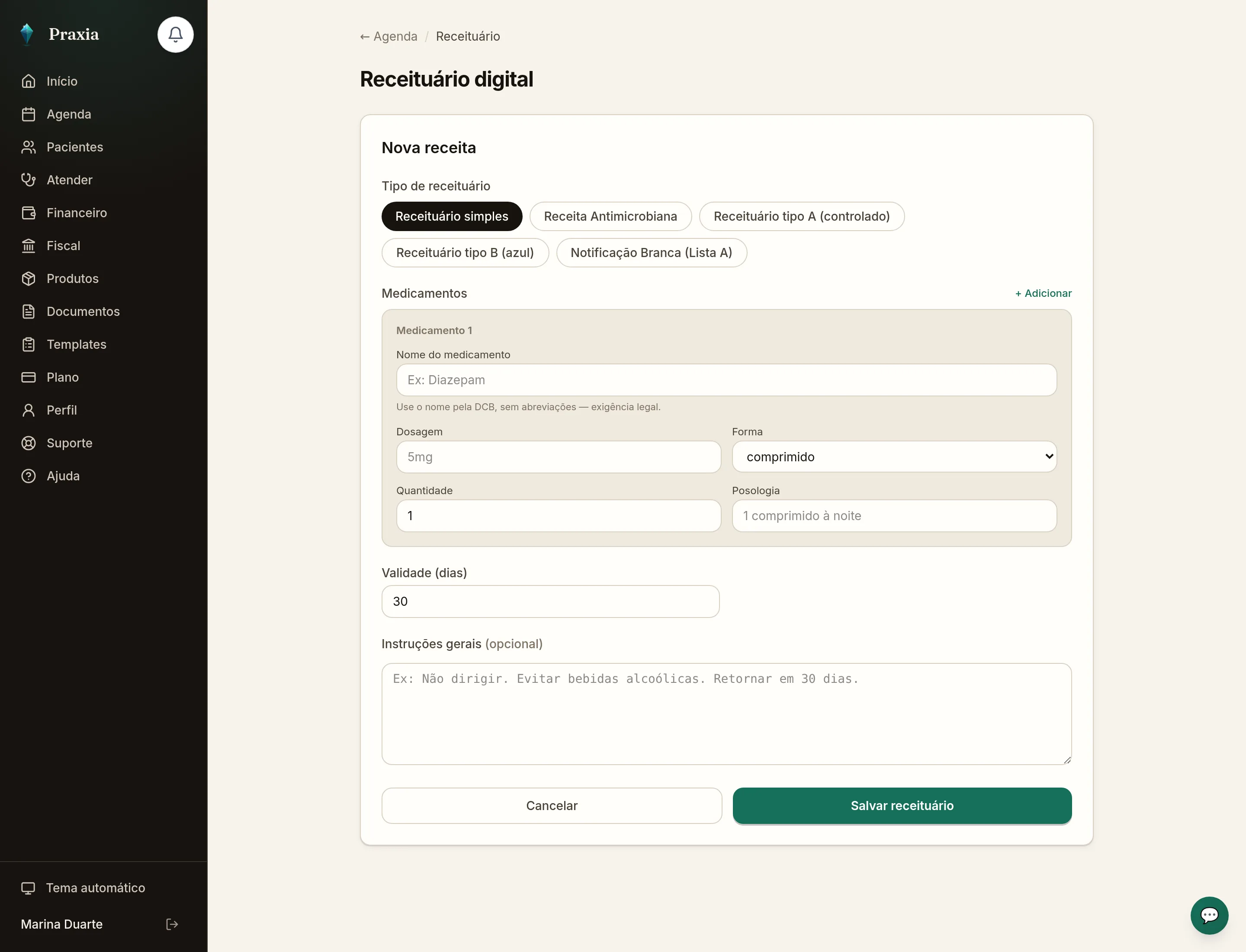 Pantalla de receta digital de Praxia, con firma ICP-Brasil.